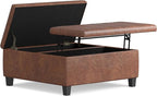 SIMPLIHOME Ellis 36 inch Wide Contemporary Square Coffee Table Storage Ottoman in Distressed Saddle Brown Vegan Faux Leather, Assembled, For the Living Room and Bedroom