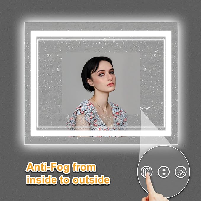 44x36 Inch LED Bathroom Mirror with Lights, Front Light and Backlit Lighted Vanity Mirror, Anti-Fog, Dimmable Memory, Shatterproof, Wall-Mounted