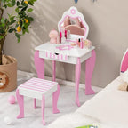 HONEY JOY Kids Vanity, Toddler Makeup Table with Mirror and Stool, Wooden Pretend Play Vanity for Little Girls, Detachable Mirror and Storage Drawer, Kids Vanity Table and Chair Set (Pink)