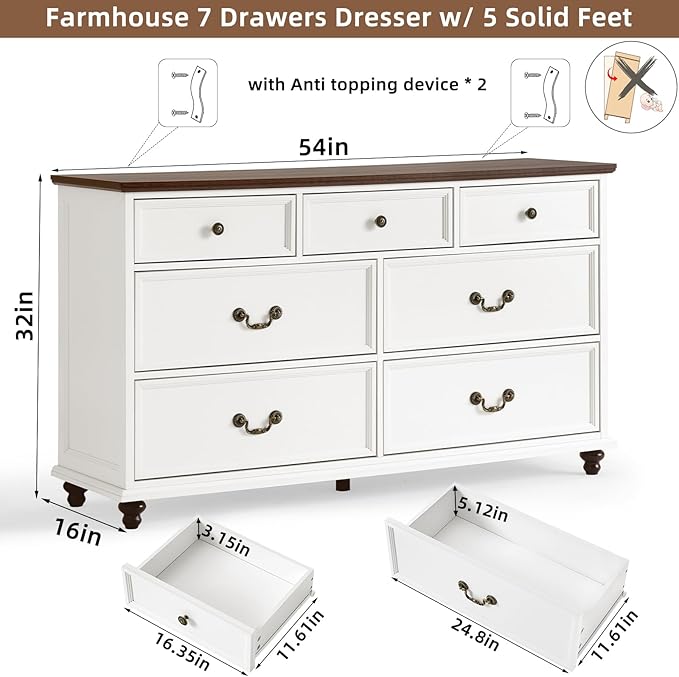 Farmhouse Dresser and Nightstand Sets, Wood 54" Wide Dresser & 24" Night Stand with Charging Station, 2 Piece Bedroom Furniture Set, Chest of Drawers for Bedroom, Home, Living Room, Hallway