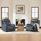 CHITA Genuine Leather Recliner Chair for Adults with Adjustable Power Headrest, Lay Flat Power Recliner with Slide-Out Cupholders & USB/Type-C Ports, Living Room Chair, Navy Blue