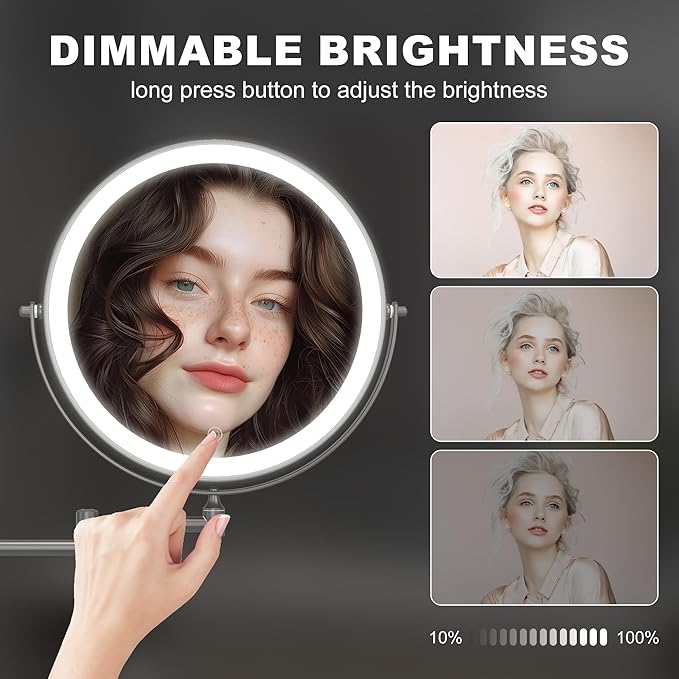 Hasipu 10-Inch Wall Mounted Makeup Mirror with Magnification, Rechargeable 3000 mAh Vanity Mirror with Lights, Bathroom Mirror with Dimmable Brightness, 3 Lighting Modes, Extendable Arm, Black