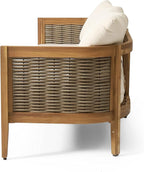 Christopher Knight Home Burchett Outdoor 3 Seater Sofa with Cushions - Acacia Wood and Round Wicker - Teak/Mixed Brown/Beige