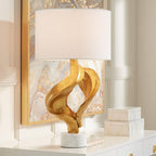 Possini Euro Design Hera Modern Glam Luxury Table Lamp Decor 31" Tall Sculptural Gold Leaf White Fabric Drum Shade Marble Base for Living Room Bedroom House Bedside Nightstand Home Office Entryway