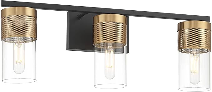 Possini Euro Design Berlin 23 1/2" High Modern Industrial 3 Light Bathroom Vanity Wall Lamp Light Fixture Mount Over The Sink Mirror Hardwired Cordless Black and Gold Glass Shade Indoor Entry-Way