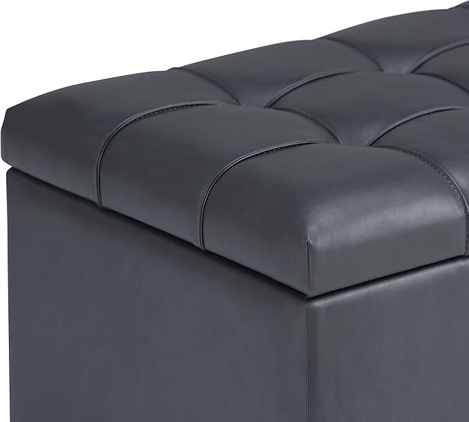 SIMPLIHOME Sienna 33 inch Wide Transitional Rectangle Storage Ottoman Bench in Stone Grey Vegan Faux Leather, Assembled, For the Living Room, Entryway and Family Room