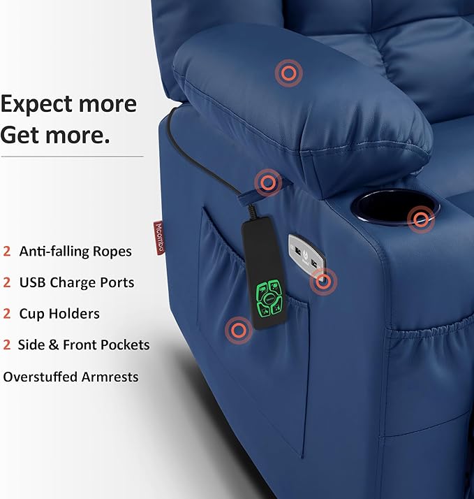 MCombo Dual Motor Power Lift Recliner Chair for Elderly, Lay Flat Lift Chair with Heat and Massage, Cup Holders, USB Ports, Faux Leather 7890 (Blue, Medium)