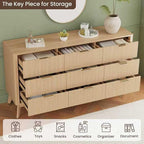 Fluted Dresser for Bedroom,59'' Modern Wooden Dresser with 9 Drawers, Bedroom Dressers, Natural Wood Chest of Drawers for Living Room, Hallway (Oak)