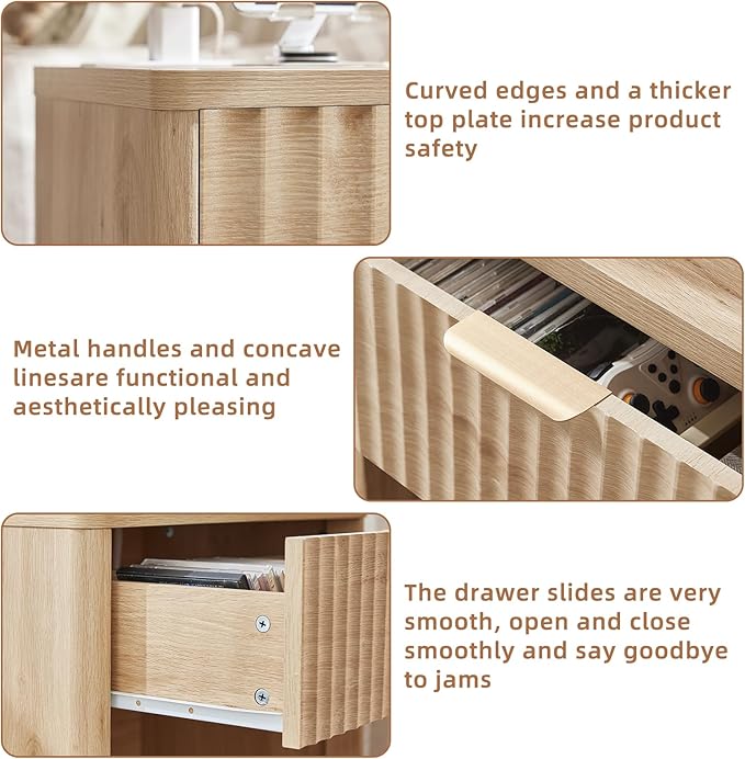 LEYAOYAO Fluted Nightstand with Charging Station, 23" Wide 1 Drawers End Table,Natural Night Stand with Open Storage Cabinet, Farmhouse Bed Side Tables, Wood Dresser for Bedroom, Living Room, Closet