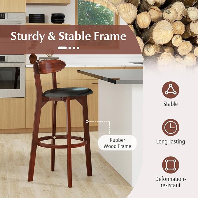 COSTWAY Bar Stool Set of 4, 30.5'' Bar Height Barstools w/Curved Backrest, Faux Leather Cushion & Rubber Wood Frame, Mid Century Modern Island Chairs for Kitchen Bar Cafe, Walnut