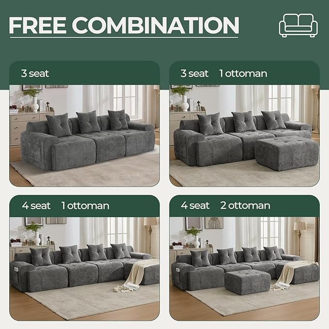 101.65” Modular Sectional Couch for Living Room, Modren L-Shape Cloud Sectional 3-Seater Sofa with Movable Ottoman, Woven Texture Upholstery Boneless Couch, No Assembly Grey