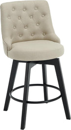 MINCETA Set of 4 Upholstered Bar Stools - 26 Inch Swivel Counter Height Stools with Low Tufted Back, Footrest & Performance Fabric - Khaki Round Seat for Kitchen Island & Home Bar