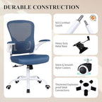 Flysky Ergonomic Office Chair, Mesh Home Office Desk Chair with Flip-up Arms and Lumbar Support, Height Adjustable, Swivel, White & Blue