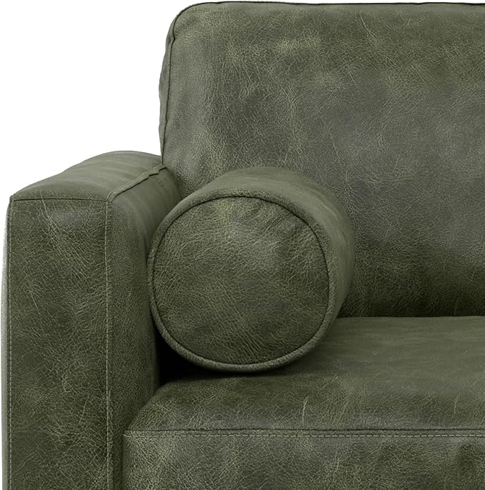 SIMPLIHOME Morrison Accent Chair - 43 inch Wide Upholstered Top Grain Genuine Leather Mid-Century Modern Arm Chair with Solid Wood Frame in Moss Green, for Living Room with 2 Bolster Pillows