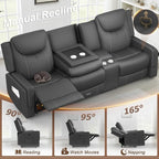 Recliner Sofa, 2 - Way Multi - Function Manual 3 Seater Couch with Cup Holders, Storage & USB Ports, Modern Multifunctional Sofa, Breathable Grey PU Leather Reclining Couch for Living Room