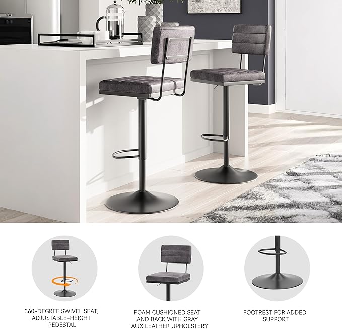 Signature Design by Ashley Strumford Modern 30.75" Adjustable Bar Height Barstool, 2 Count, Gray