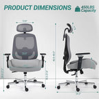 Big and Tall Executive Office Chair, Ergonomic Comfy Mesh Desk Chair with 4D Arms & Extra Wide Seat, Adjustable Headrest & Lumbar Support, 750LBS Capacity, Grey