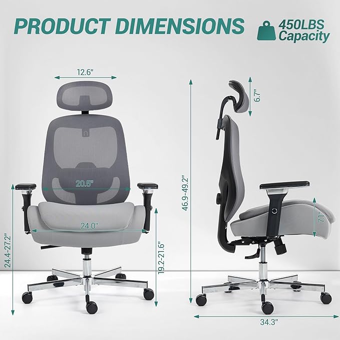 Big and Tall Executive Office Chair, Ergonomic Comfy Mesh Desk Chair with 4D Arms & Extra Wide Seat, Adjustable Headrest & Lumbar Support, 750LBS Capacity, Grey