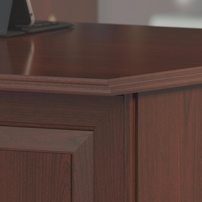 Bush Furniture Saratoga L Shaped Computer Desk with Drawers and Storage in Linen White Oak | Large Corner Office Table for Workspace