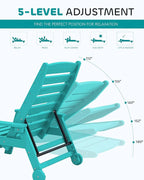SERWALL Patio Chaise Lounge Chair Set of 2, 78'' Long 5-Positions Adjustable HDPE Outdoor Lounger for Pool, Poly Lounge Chair with Rolling Wheels & Cup Holder for Poolside, Deck, Aqua Blue