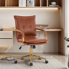 MOJAY Mid-Back Ergonomic Leather Office Chair, Modern Upholstered Executive Desk Chair with Gold Frame Armrest Computer Task Chair (Caramel)