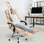 COLAMY Office Chair with Retractable Footrest, Ergonomic High Back Design Executive Computer Desk Chair with Removable Lumbar Pillow, 90-135°Reclining, Thick Bonded Leather, 2 PCs, Khaki
