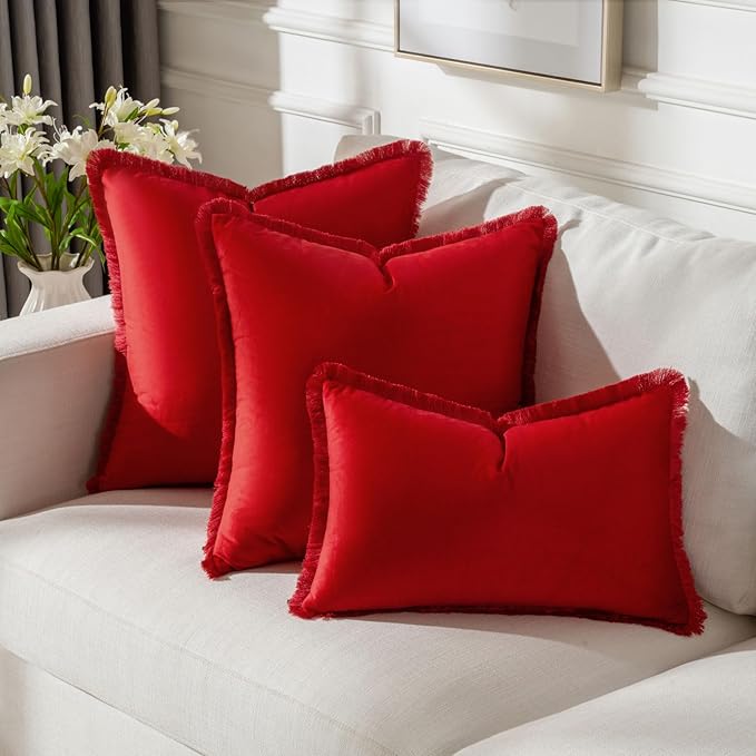 FUTEI Christmas Red Velvet Decorative Throw Pillow Covers 18x18 Set of 2,Soft Cozy Edge with Tassels Cushion Case,Boho Modern Home Decor for Couch Bed Living Room