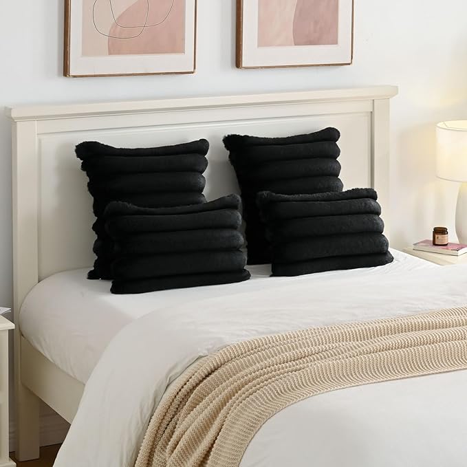 FUTEI Black Decorative Throw Pillow Covers 24x24 Inch Set of 2, Square Soft Faux Rabbit Fur Thick Striped European Cushion Covers,Winter Home Decor for Couch Bed Living Room