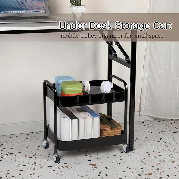 2 Tier Metal Rolling Utility Cart with Wheels Under Desk Storage Cart with Handle, Roll Around Organizer Trolley for Small Space Pantry Bathroom Home Kitchen Office Snack Baby Supplies, Black