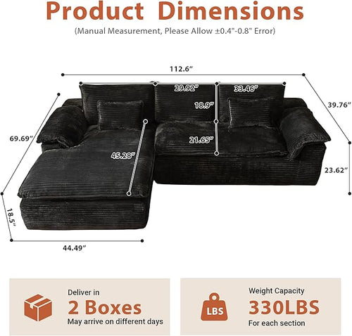 113 in Oversized Cloud Sofa with L Shape Chaise, Sectional Couches for Living Room, Assembly Free Modular Comfy Corduroy Sofa with Left Facing Chaise Longue for Home Apartment (Left Chaise, Black)