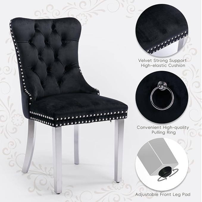 Velvet Upholstered Dining Chairs Set of 6, Modern Style Kitchen Side Chairs with Nailhead Trim and Silver Plated Leg, Metal Pulling Ring for Dining Room Living Room(Black, Set of 6)