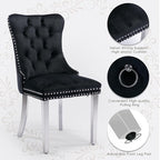 Velvet Upholstered Dining Chairs Set of 2, Modern Style Kitchen Side Chairs with Nailhead Trim and Silver Plated Leg, Metal Pulling Ring for Dining Room Living Room(Black,Set of 2)