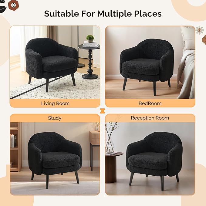 VINGLI 30.3" Wide Modern Barrel Accent Armchair with Track Armrest, Solid Wooden Legs, Comfy Upholstered Club Chair, Round Single Home Sofa for Living Room, Bedroom, Reading Room,Teddy Fleece Black