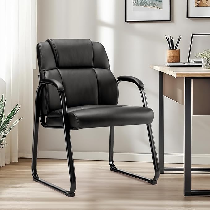 NEWBULIG Waiting Room Guest Chair, Stationary Office Reception Chairs No Wheels, Comfy Padded Arms and Seld Base, for Conference Room Lobby Home Computer Desk Bedroom Elderly, Black