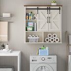 Vabches Bathroom Wall Cabinet, Farmhouse Medicine Cabinet with Double Sliding Barn Door and Adjustable Shelves, Wooden Vintage Storage Cabinet Wall Mounted for Bathroom, Kitchen Dining, Rustic White