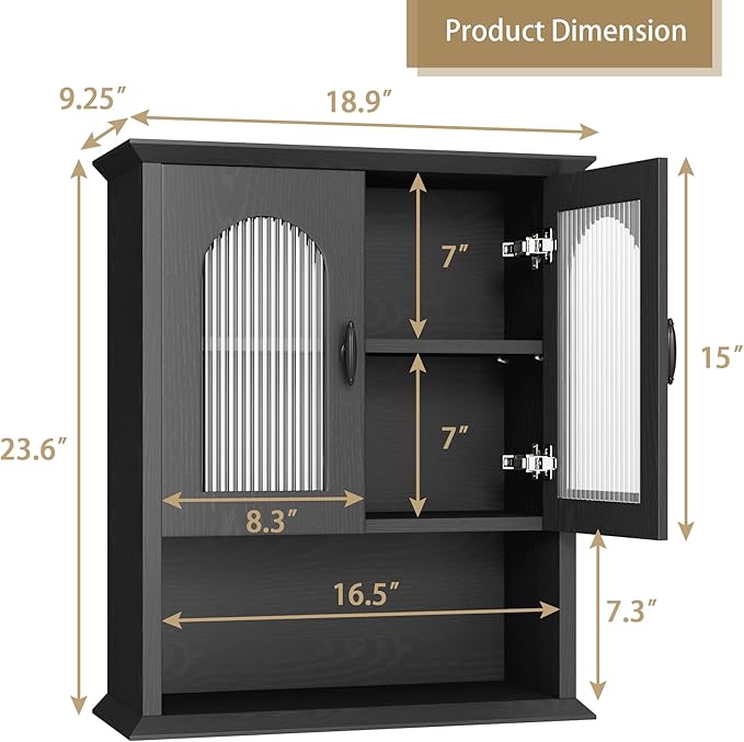 CJL Bathroom Wall Cabinet with Fluted Door, 18.9'' x 23.6'' Medicine Cabinet, Over The Toilet Storage Cabinet, Black