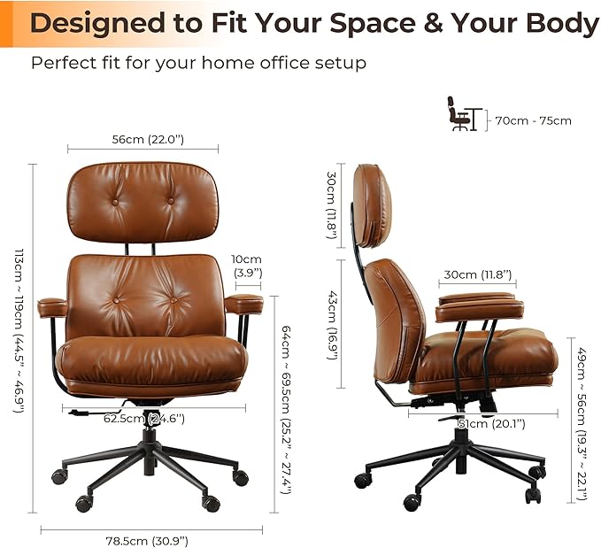 Ergonomic Office Chair Comfy with Lumbar Support, High Back Dark Brown PU Leather Rolling Executive Desk Chair for Home Office & Gaming, 360° Swivel, 300lbs (Light Brown)