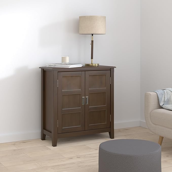 SIMPLIHOME Burlington SOLID WOOD 30 inch Wide Transitional Low Storage Cabinet in Mahogany Brown for the Living Room, Entryway and Family Room