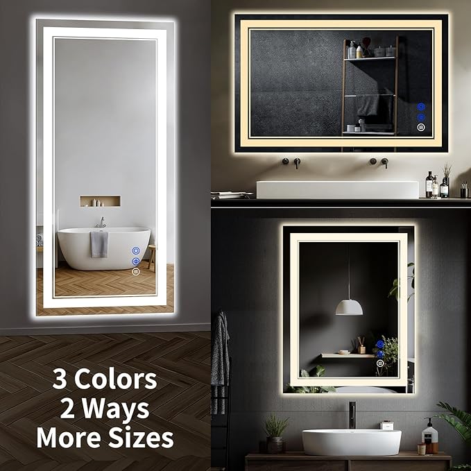 50"x30" LED Bathroom Mirror with Anti-Fog, Stepless Dimmable Lights, 3 Color Modes, Shatter-Proof Tempered Glass, Memory Function & Waterproof Design