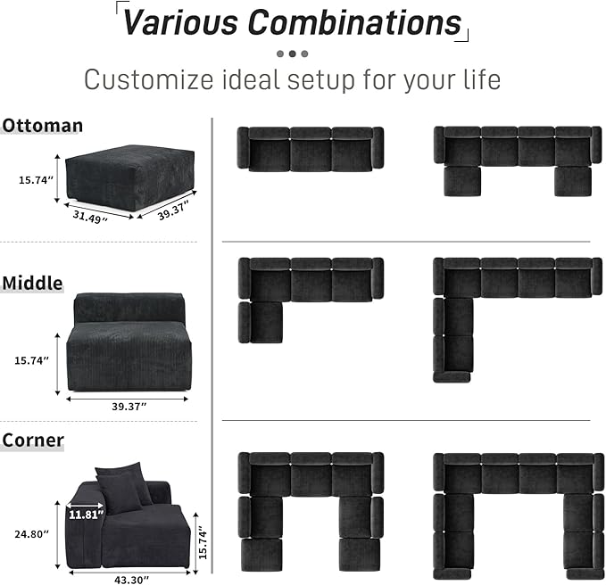 WJShome Cloud Couch Modular Sectional Sofa,141.73" U Shaped Sofa with 2 Ottomans,Black Corduroy Couch 5 Seater,Convertible Sectional Sofa for Living Room,Cushion Covers Removable& Washable