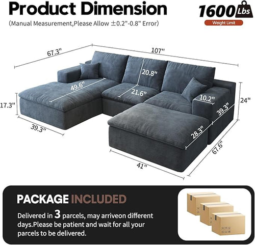 107'' U-Shaped Modern Modular Sectional Cloud Couch Whit Ottoman, 4-Seat Chenille Deep-Seat Sofa with Pillow for Living Room, Bedroom, Apartment, Ocean Blue