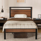 Z-hom Upgraded Twin Bed Frames, Heavy Duty Metal Sturdy Bed Frame Twin Size with Modern Wood Headboard & Footboard, Stable Platform Bed Furniture Bed Storage, No Noise, No Box Springs,Walnut