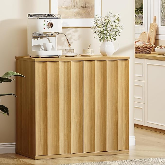 Fluted Sideboard Cabinet with Storage, 31.5" Coffee Bar Cabinet, Modern Kitchen Buffet Cabinets with Doors, Entryway Cabinets for Living Room, Kitchen, Coffee Bar, Natural