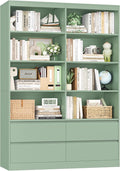 FINETONES 71" Bookshelf with Drawers, 47.3" Double Wide Bookshelves and Bookcases with Storage, Tall Bookshelf Large Open Book Shelf Standing Book Case for Home Office, Green