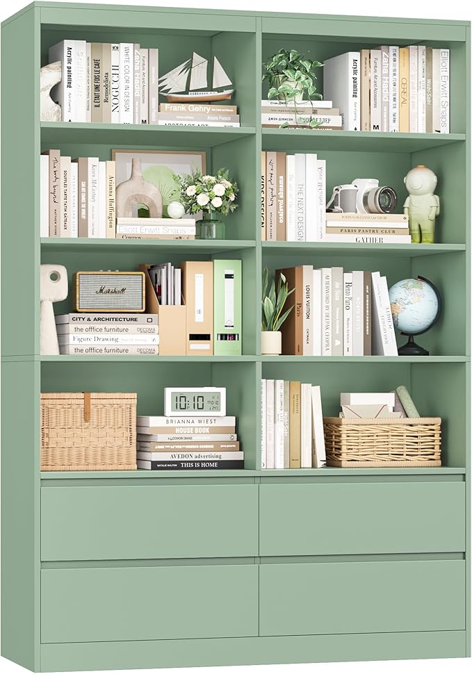 FINETONES 71" Bookshelf with Drawers, 47.3" Double Wide Bookshelves and Bookcases with Storage, Tall Bookshelf Large Open Book Shelf Standing Book Case for Home Office, Green