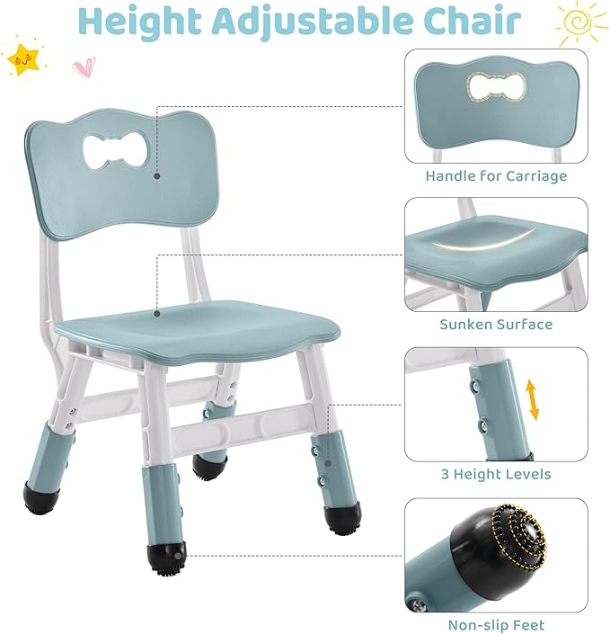 4 in 1 Kids Table and 2 Chairs Set with Storage, Toddler Table and Chair Set for Kids Ages 3-10, Graffiti & Building Blocks Double-Sided Tabletop (Grayish Blue, 2 Chairs)