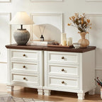 Farmhouse Nightstand Set of 2, Vintage Couch End Table with 3 Drawers & 4 Square Solid Wood Legs, Rustic Bed Side Table with Storage, Small Dresser for Bedroom, Living Room, White