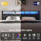 Queen Headboard Only, Headboard for Queen Size Bed with Storage, Upholstered Headboards with LED Lights & Charging Station, Attach Frame, Ideal for Bedroom/Dorm/Guest Room, Black, Faux Leather