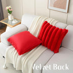 FUTEI Christmas Red Decorative Throw Pillow Covers 16x16 Inch Set of 2, Square Soft Faux Rabbit Fur Thick Striped Cushion Cover,Winter Home Decor for Couch Bed Living Room