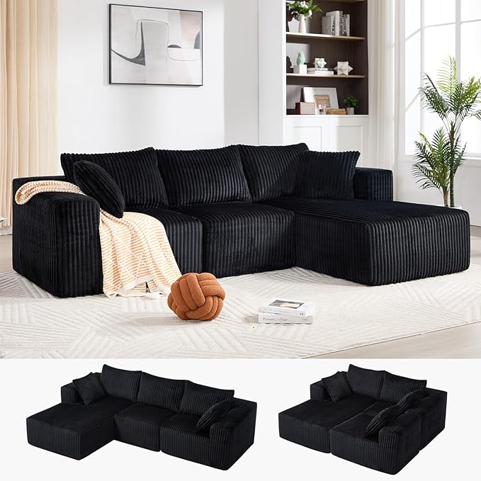 102" Modular Sectional Sofa, L-Shape Cloud Sectional Couch with Deep Seat, 3 Seat Memory Foam Comfy Boneless Couches for Living Room Bedroom, No Assembly Required, Black
